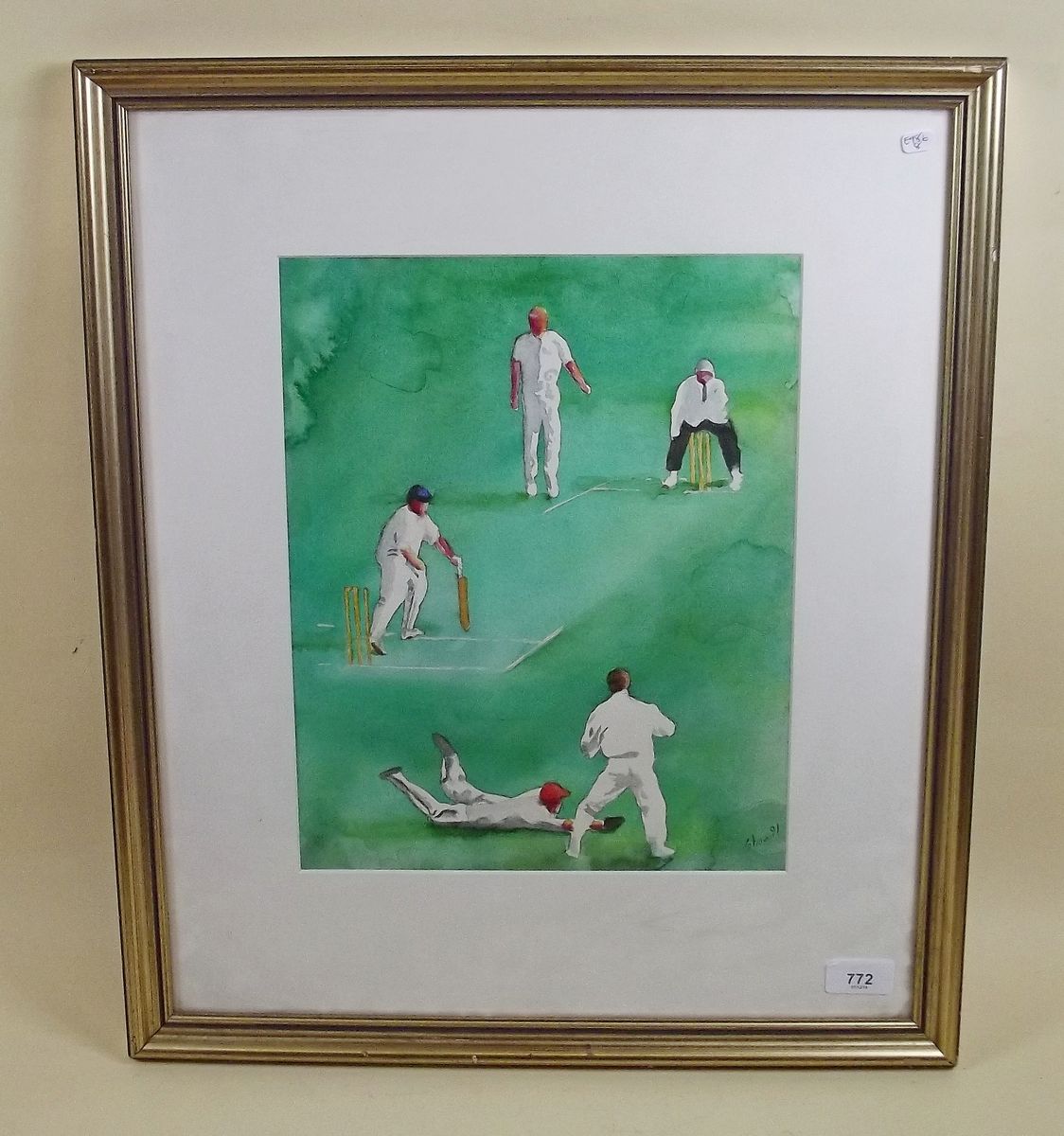 Shaw - watercolour of cricket match - framed and glazed, 34 x 27cm