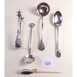 Five English silver items including tongs, teaspoons, matchbox cover etc