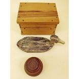 An antique River Severn decoy duck, a tobacco jar and a jewellery box