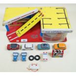 A toy car garage and showroom 'Mini International Garage' with service ramp, Dunlop tyre rack,