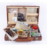 Wooden fly tying case, with vice and quantity of fly tying materials, together with a selection of
