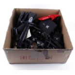 Box containing various scopes, mounts, binoculars, cases, bipods and other accessories