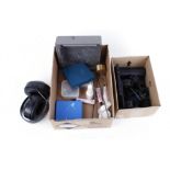Box containing air rifle cleaning accessories, scope mounts and rails, pellet catcher, ear muffs,