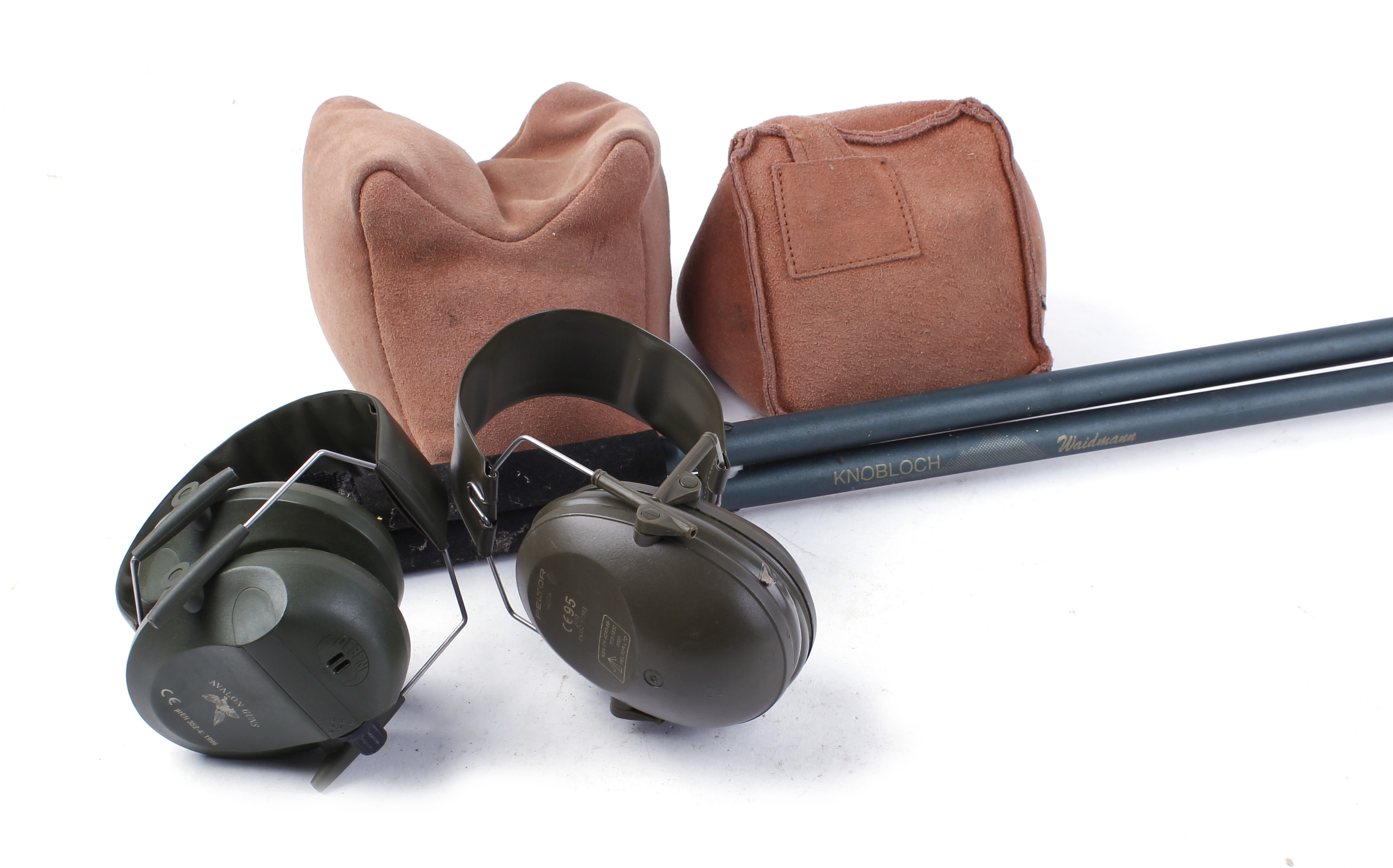 Two pairs of ear defenders, Knobloch stalking sticks, two leather rifle rests