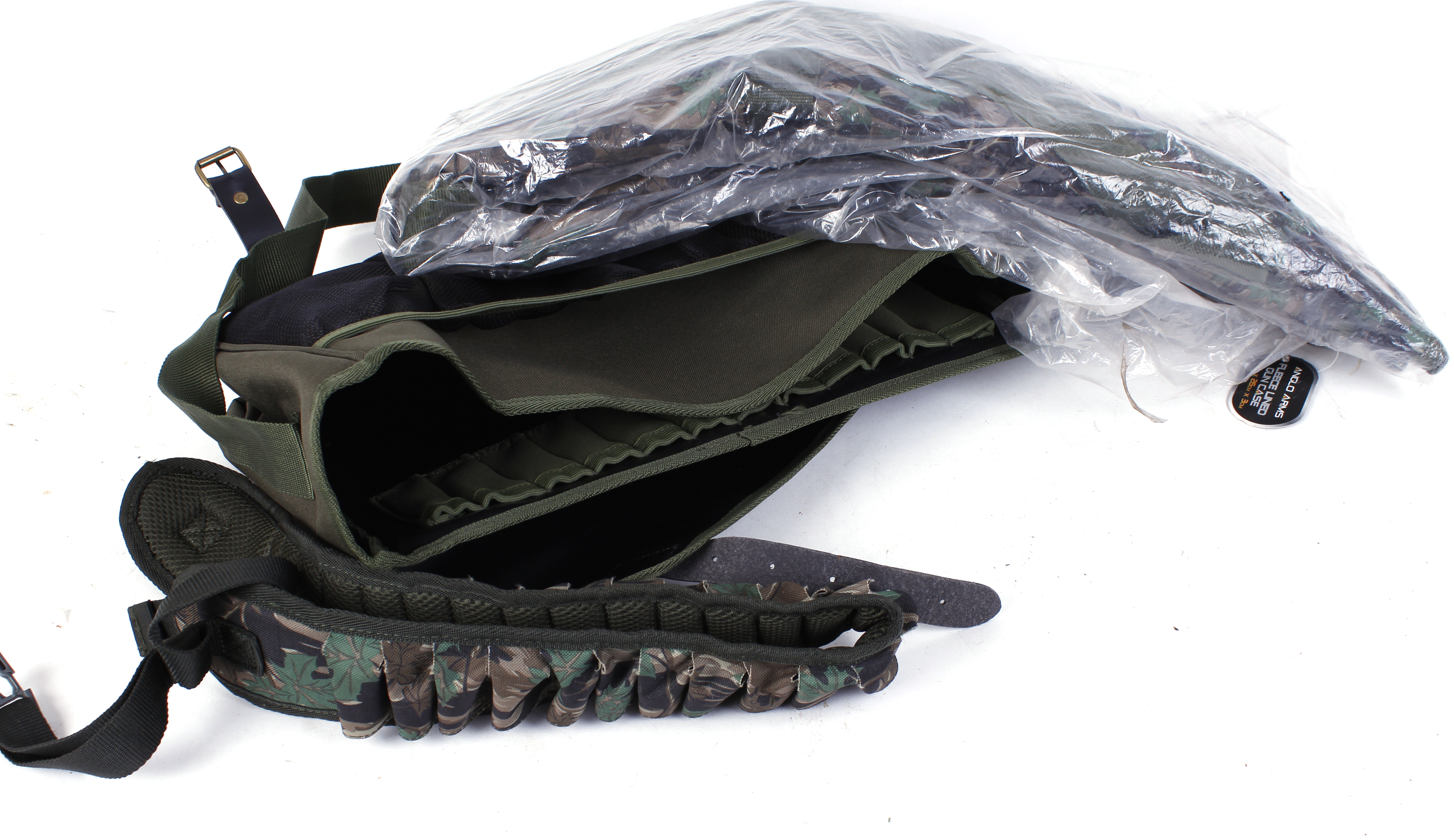 Canvas fleece lined gun slip; canvas game bag; camo cartridge belt