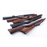 Box of various rifle stocks including Parker Hale, BSA, Ruger 10/22, Tikka T3, Howa 1500, etc