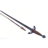 Reproduction early English broad sword, 34 ins blade; tribal spear, wooden cane shaft, wired iron