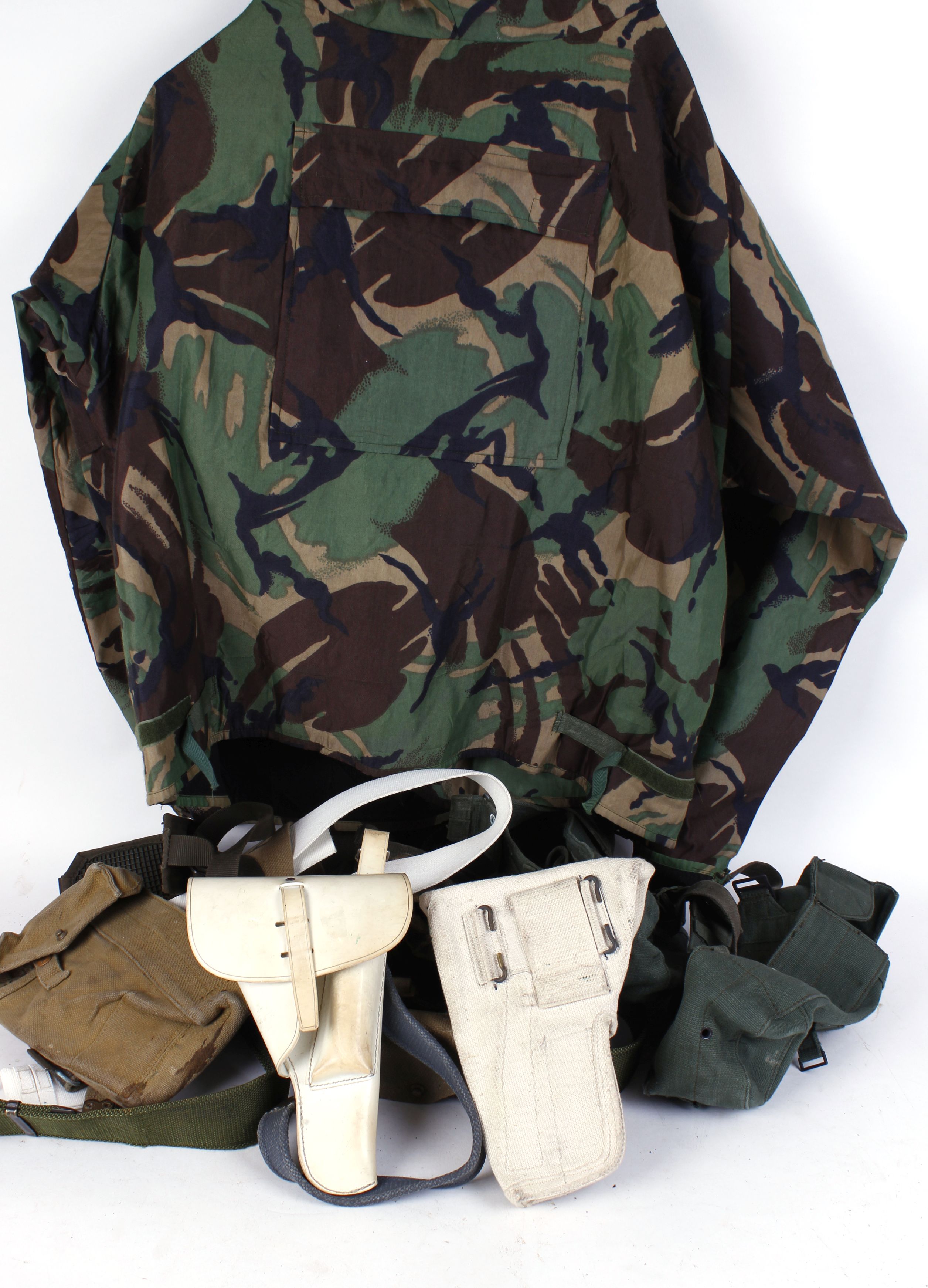 Camouflage jacket and trousers, size Large; Quantity of webbing ammunition magazine pouches,