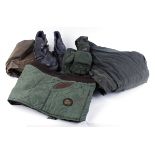 Waxed cotton jacket and over trousers, Barbour body warmer, size L, and walking boots, size 10