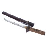 Japanese Tanto, 10 ins slightly curved blade (some rust action), slotted tsuba, brown ito over