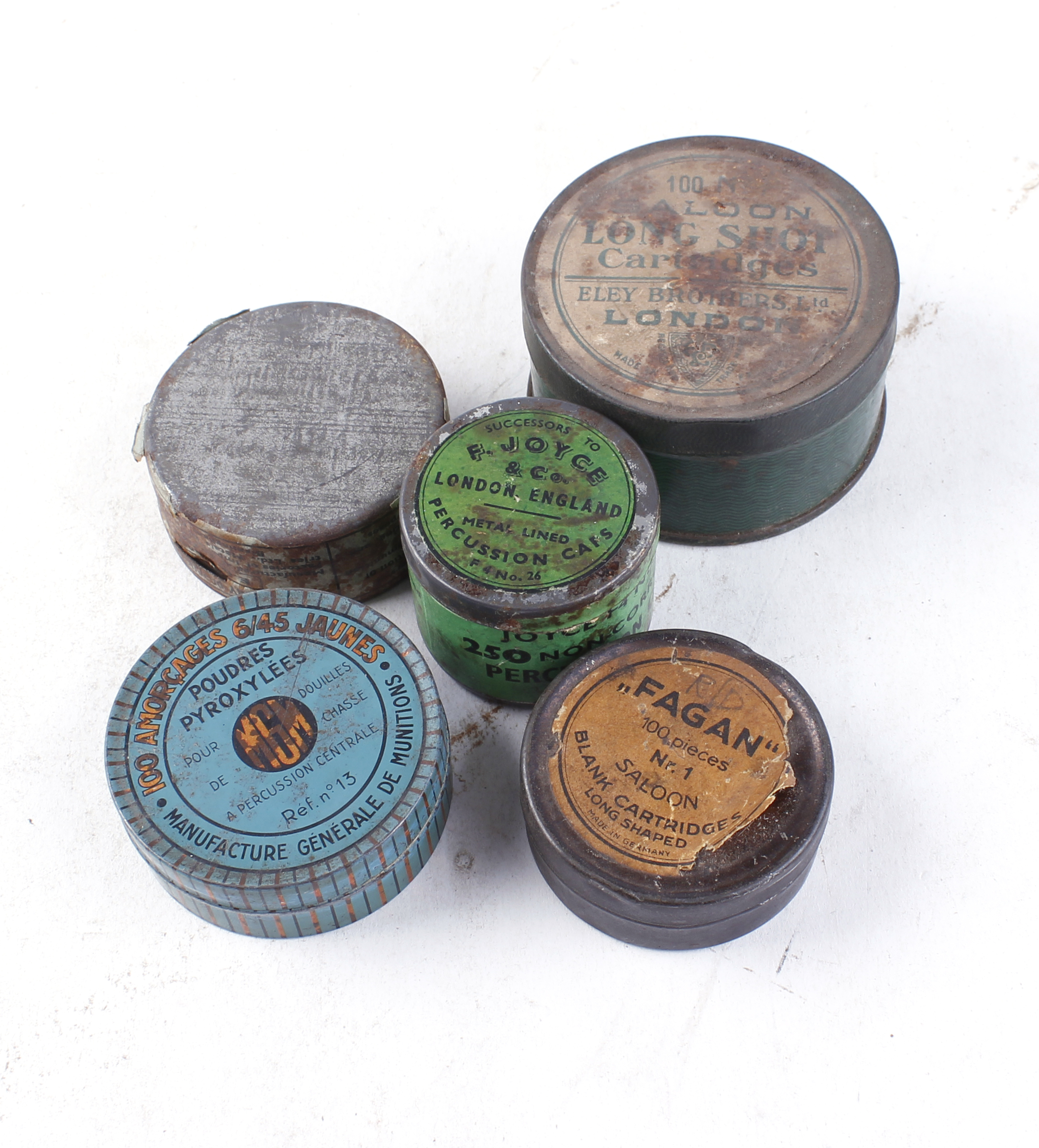 Five tins of percussion caps, blanks and primers - Eley, Joyce, Fagan, etc