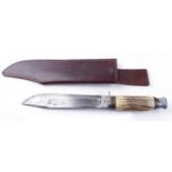 William Rogers hunting knife, 8 ins single edged fullered blade, bone grips, leather sheath