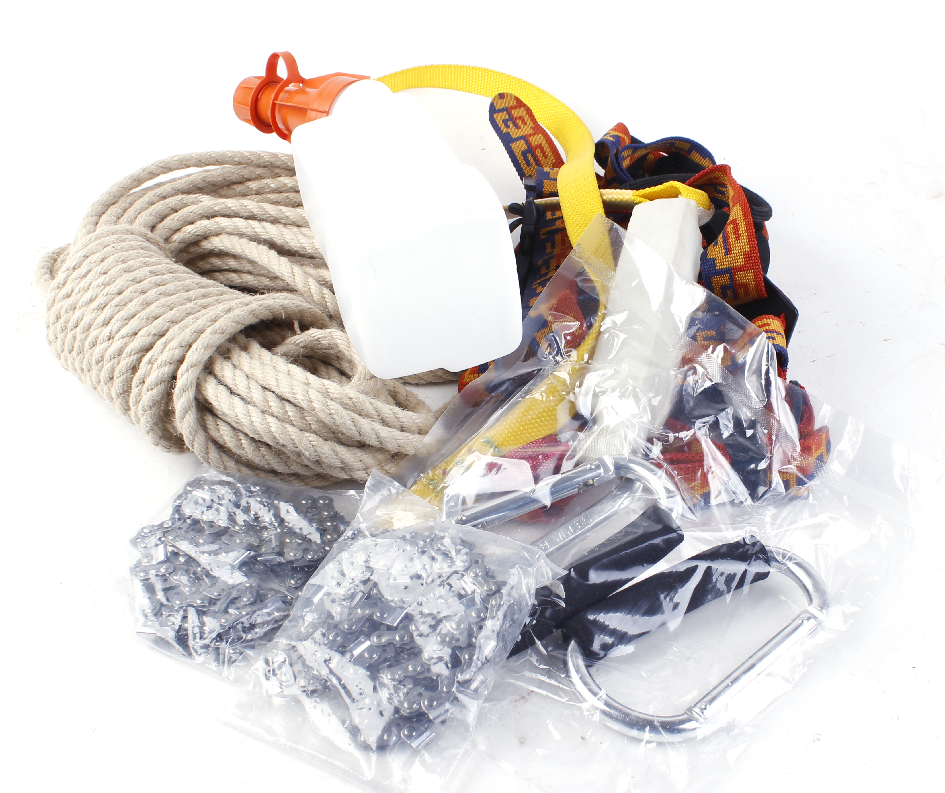 Forestry equipment to include: carabiners; chainsaw chains; harnesses; climbing rope; Stihl mixing