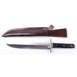 Bowie knife with 10½ ins hand forged blade, brass studded wood grips, red leather sheath