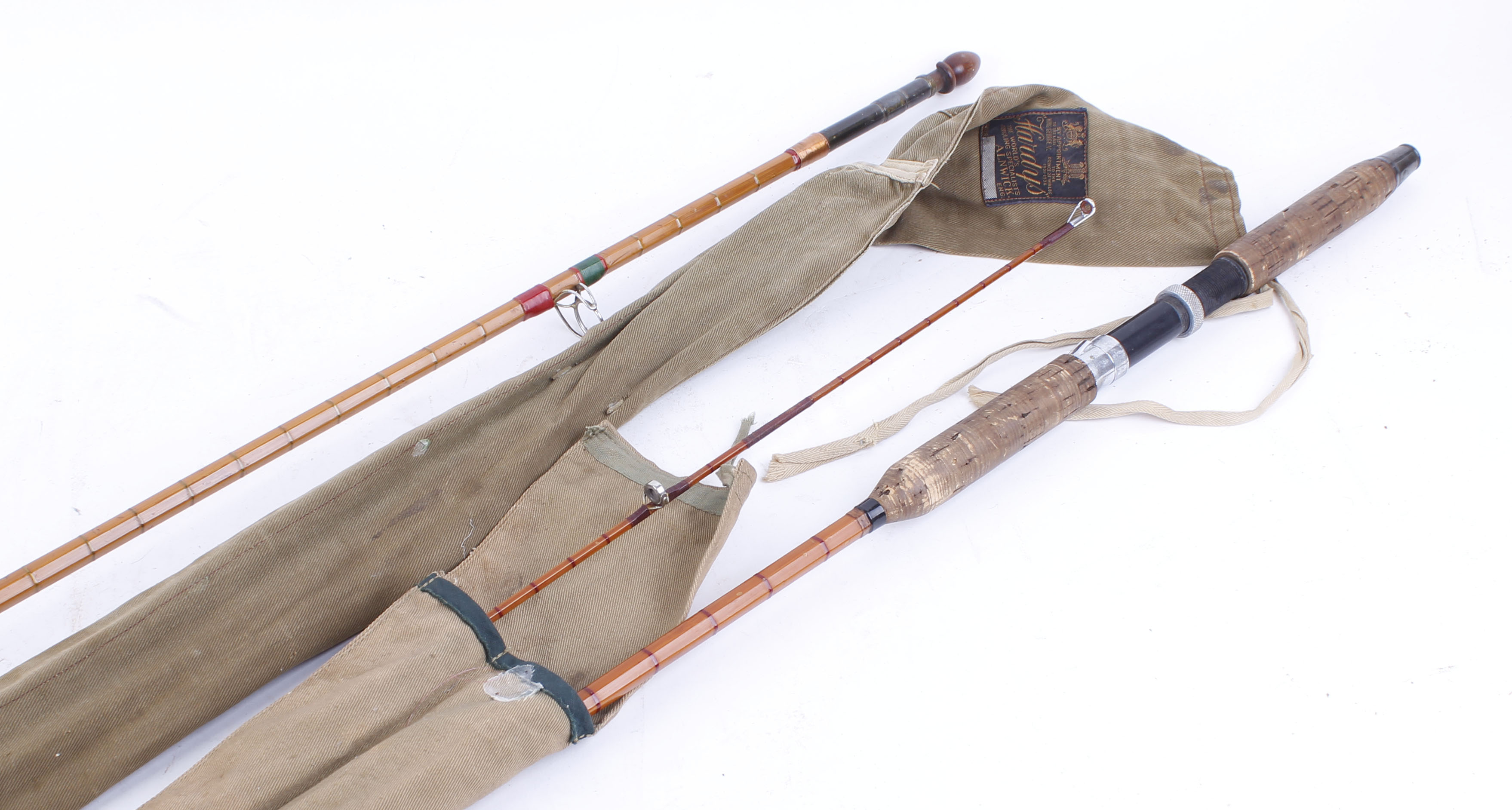 Hardy No.2 LRH 10ft two piece split cane spinning rod with cover; Allcock 9ft two piece split cane