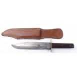 'Original Bowie Knife' 9½ ins blade, brass hilt, brass studded wood grips, leatherette sheath