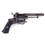 S58 9mm Lefaucheaux pinfire revolver, 4 ins octagonal barrel, side mounted extractor, case