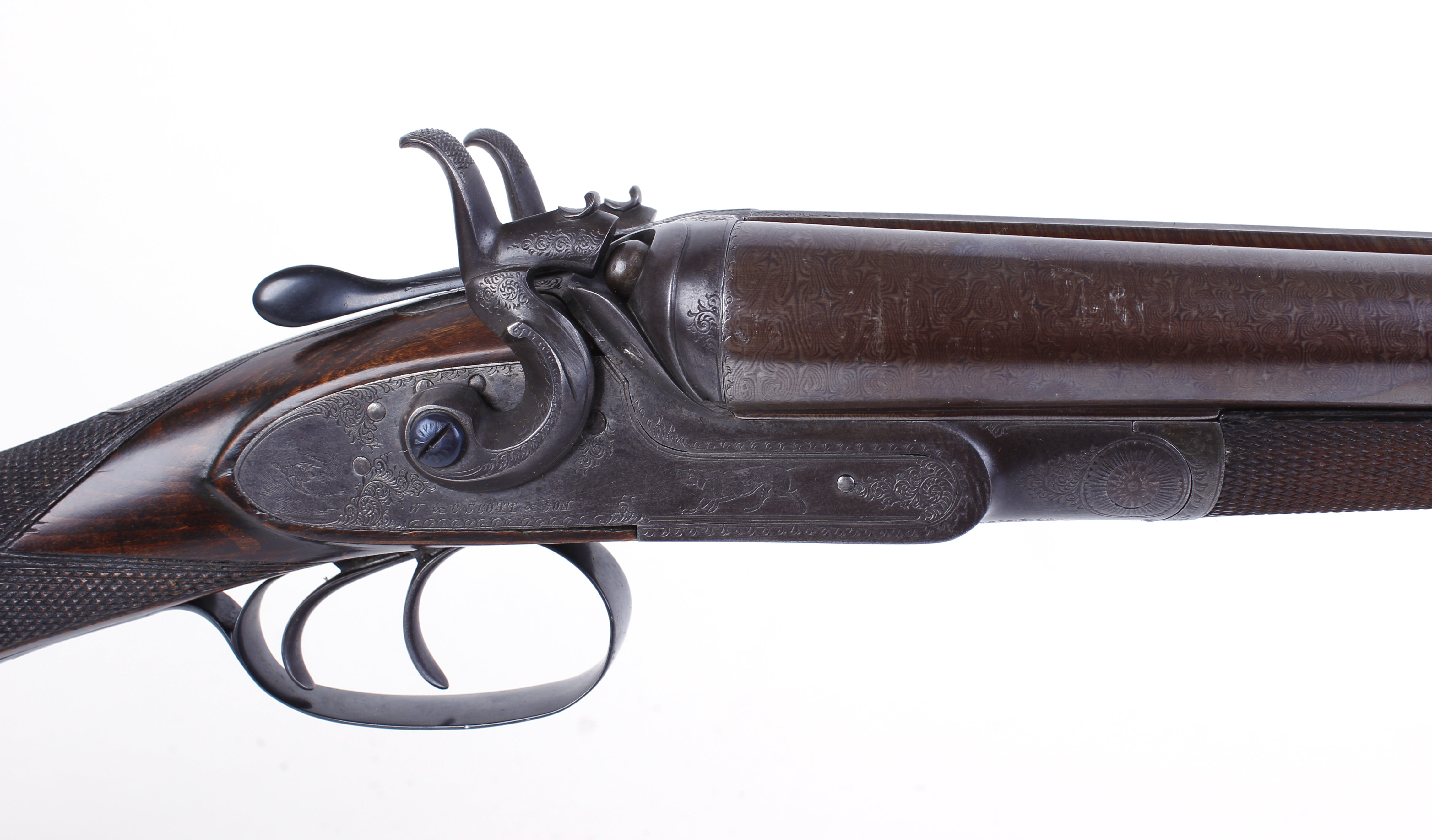 S2 12 bore double hammer gun by W. C. Scott, c.1880, 30 ins brown damascus barrels inscribed W & C - Image 3 of 4