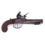 S58 50 bore flintlock pocket pistol with turn off barrel, spring loaded under mounted bayonet with