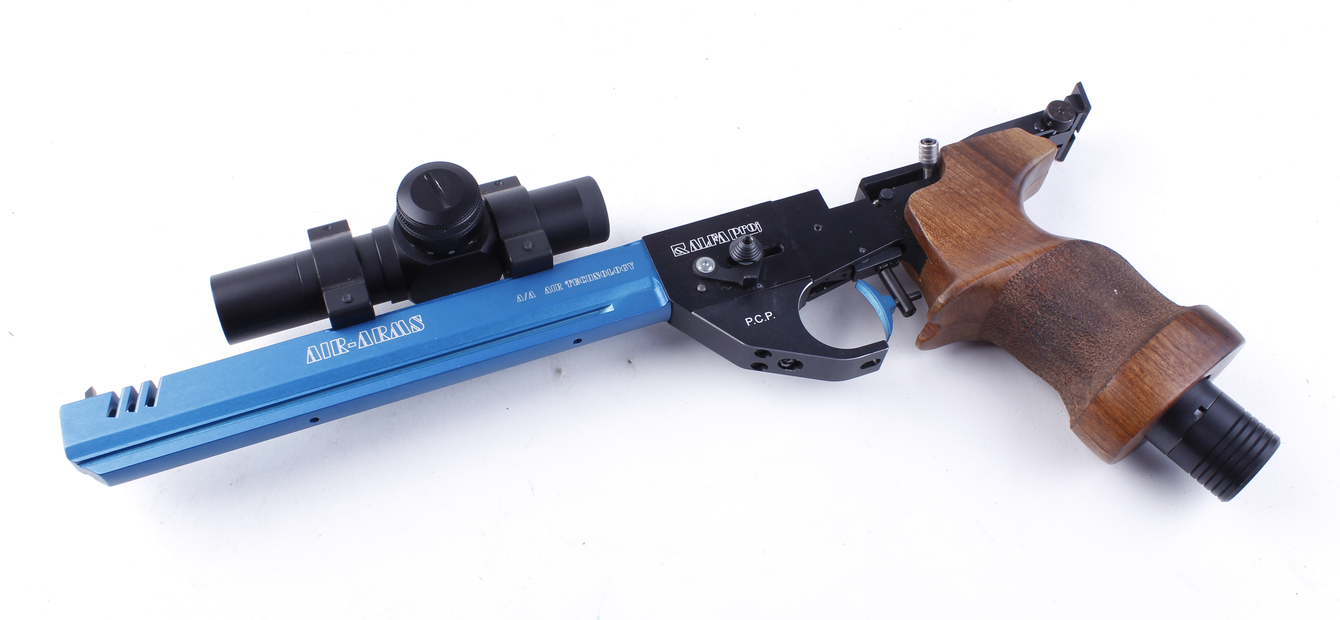 .177 Air Arms Alfa Proj PCP target air pistol, ergonomic wood grips, Hawke Sport Dot sight with