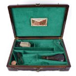 Mahogany double pistol box, the green baize lined fitted interior for two large percussion
