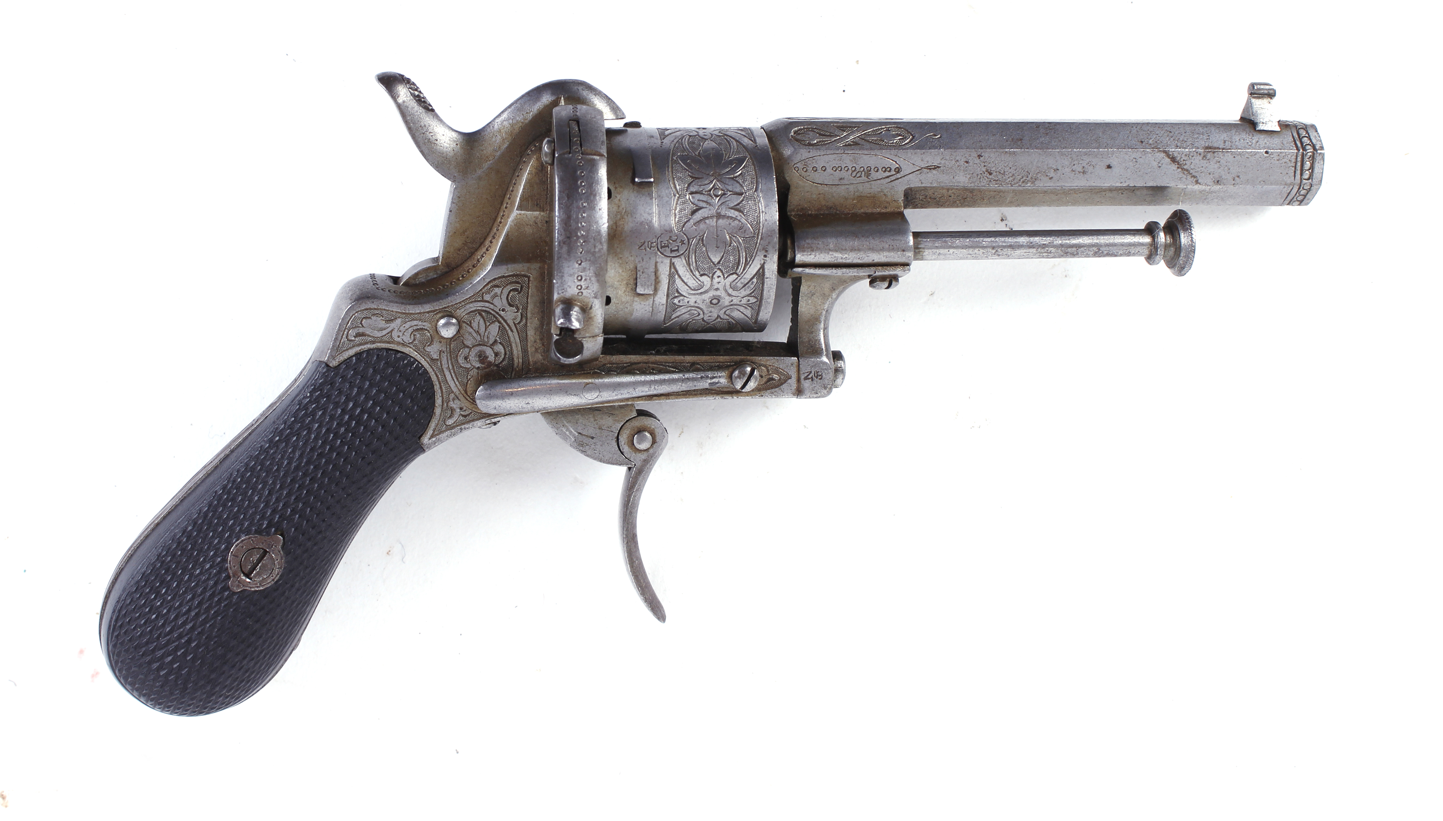 S58 7mm Lefaucheux pinfire revolver, floral relief engraved cylinder and frame, 3¼ ins octagonal - Image 2 of 4