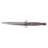 Fairbairn Sykes type fighting knife, 6½ ins double edged tapered blade, ribbed alloy grip, 11¼ ins