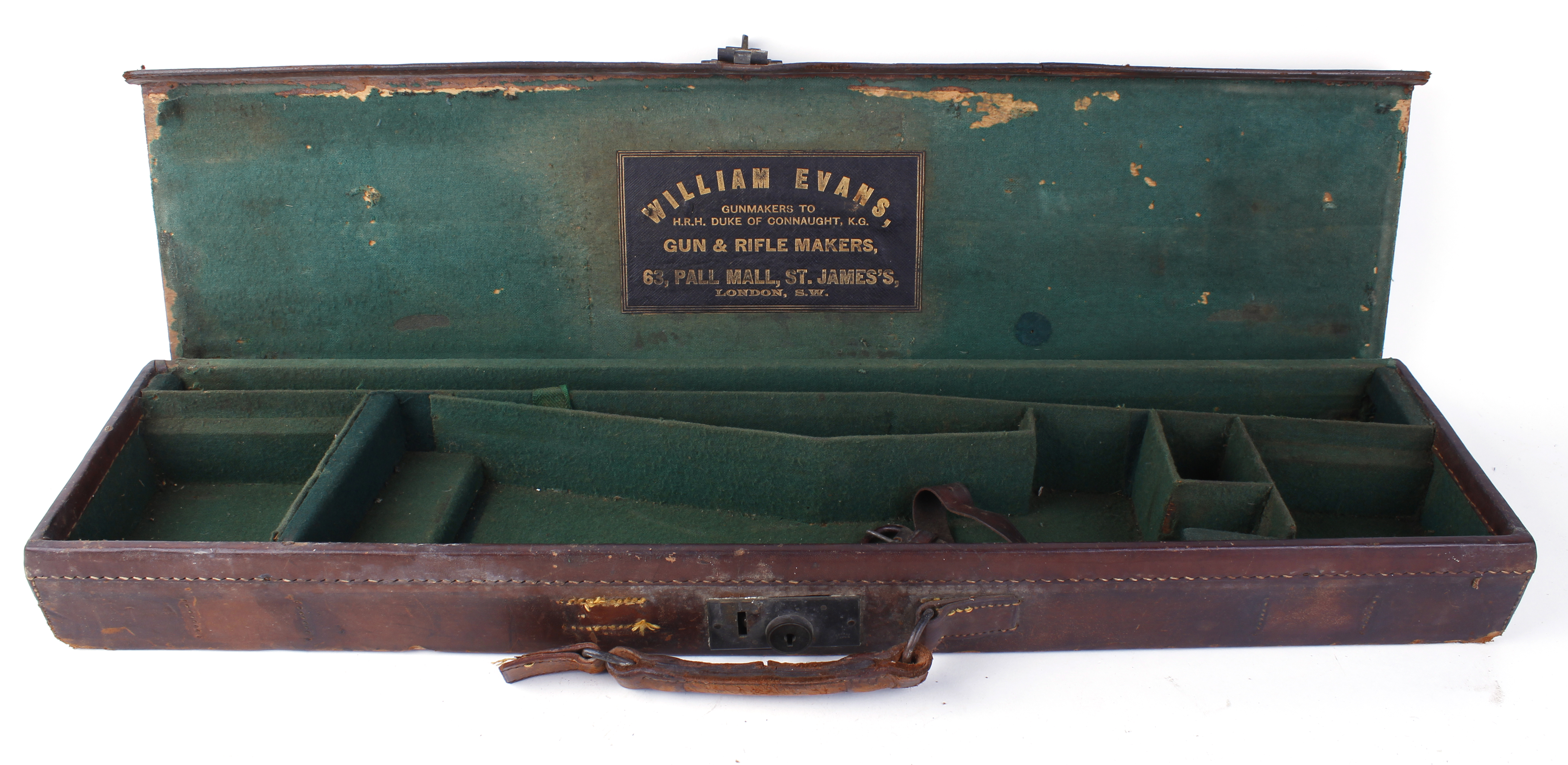Leather gun case stamped R.H.F, green baize lined interior fitted for up to 28 ins barrels, - Image 2 of 3