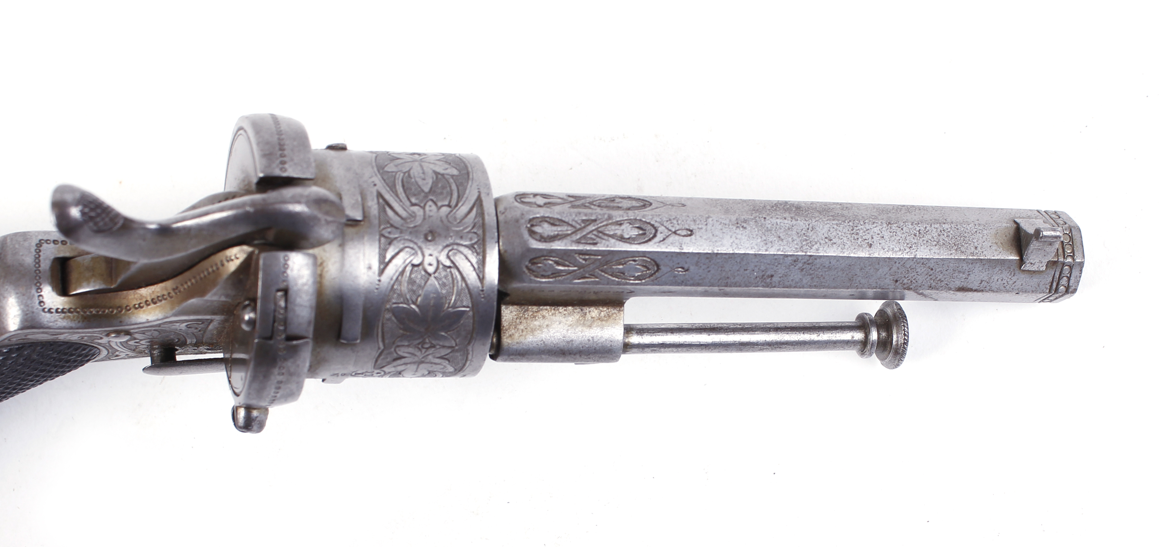 S58 7mm Lefaucheux pinfire revolver, floral relief engraved cylinder and frame, 3¼ ins octagonal - Image 4 of 4