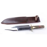 Large William Rogers bowie type knife, 10 ins polished steel blade, brass hilt, brass studded bone