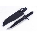 Rambo survival knife, 10 ins single edged saw backed blade, bound nylon grips in leatherette sheath