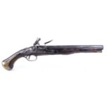 S58 18 bore flintlock dragoon pistol, 12 ins fullstocked steel barrel, brass mounted ramrod, tapered