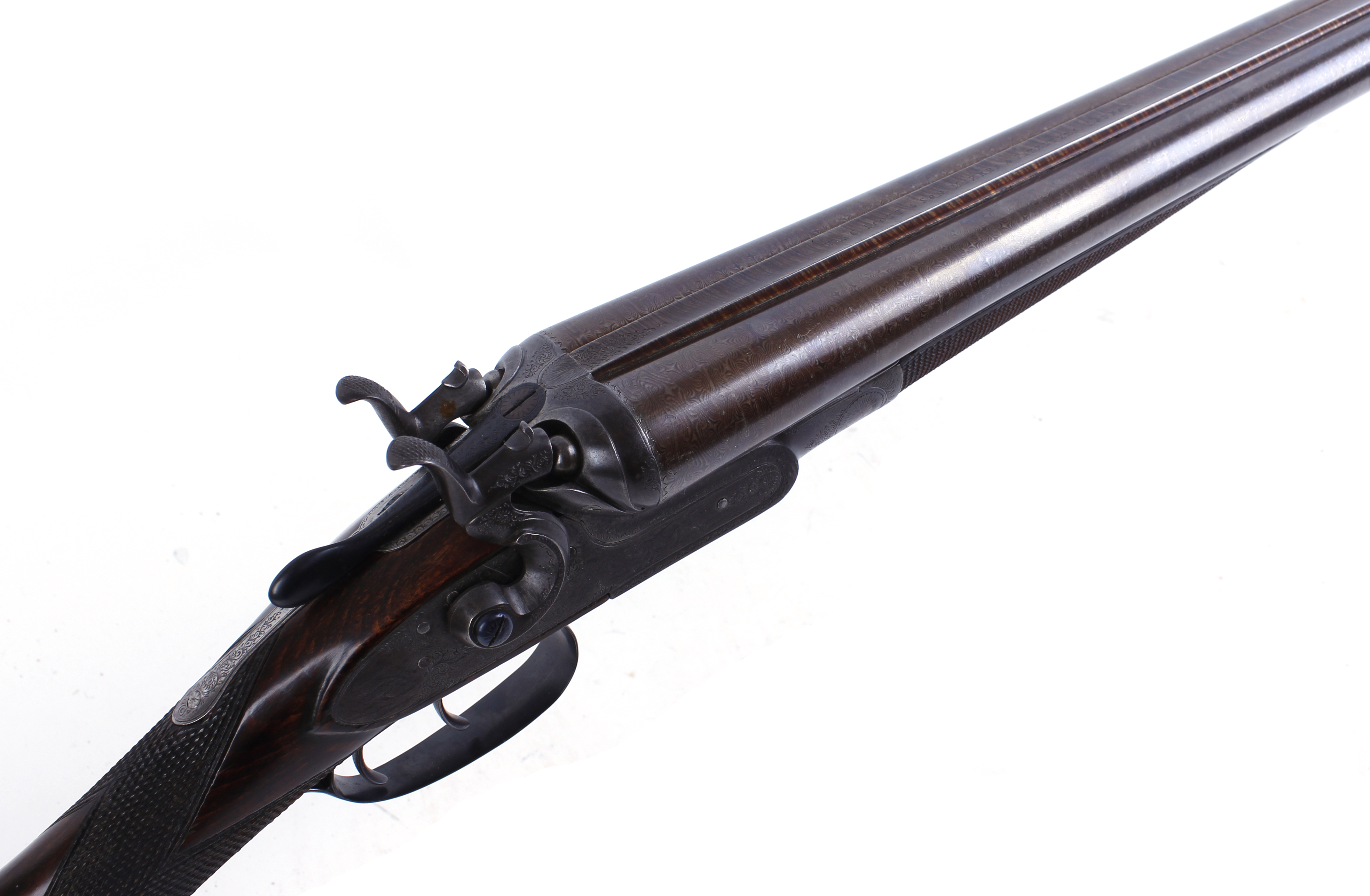 S2 12 bore double hammer gun by W. C. Scott, c.1880, 30 ins brown damascus barrels inscribed W & C - Image 2 of 4