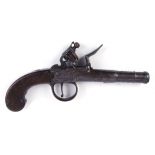 S58 54 bore flintlock turn off cannon barrel pistol, engraved boxlock action marked JOINER LONDON,