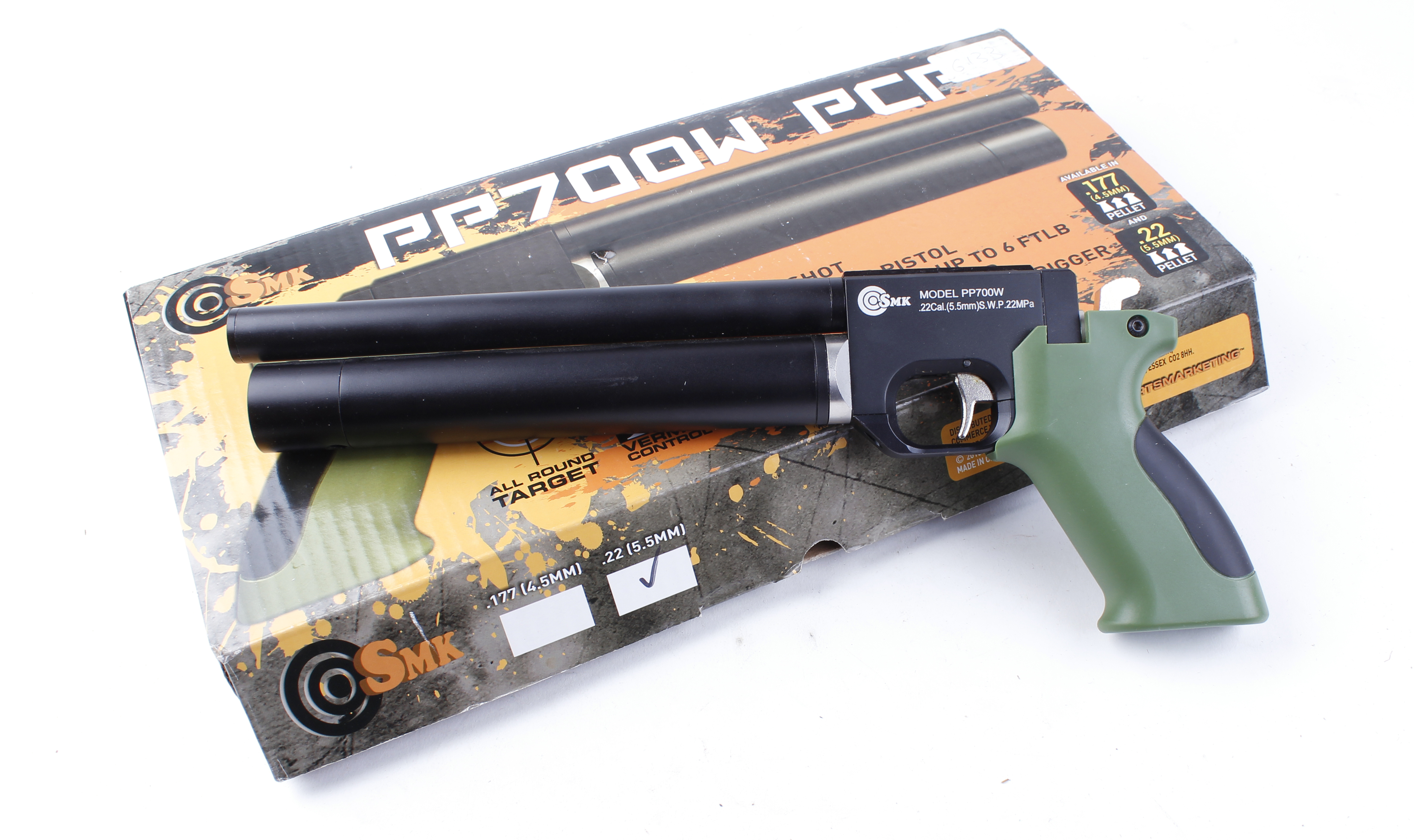 .22 SMK PP700W PCP air pistol, green plastic grips, boxed