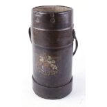 Victorian powder keg, canvas inner lining with leather outer bearing coat of arms, leather carry