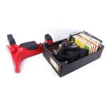 Red plastic adjustable rifle rest; Box containing gun slip, scope rings, mould handles, books, etc