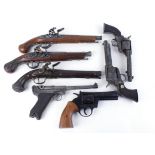 Three blank firing revolvers; three replica flintlock pistols; replica Luger pistol (no magazine)