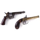 S58 7mm Belgian pinfire revolver, octagonal barrel, six shot cylinder, side mounted extractor,
