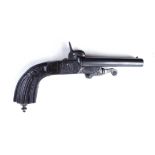 S58 11mm Belgian double pinfire pistol, 4 ins blacked sighted barrels (five grooved rifling), rotary