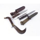 Sheath knife with wood grips, leather sheath with marlin spike; Large pruning knife with rosewood