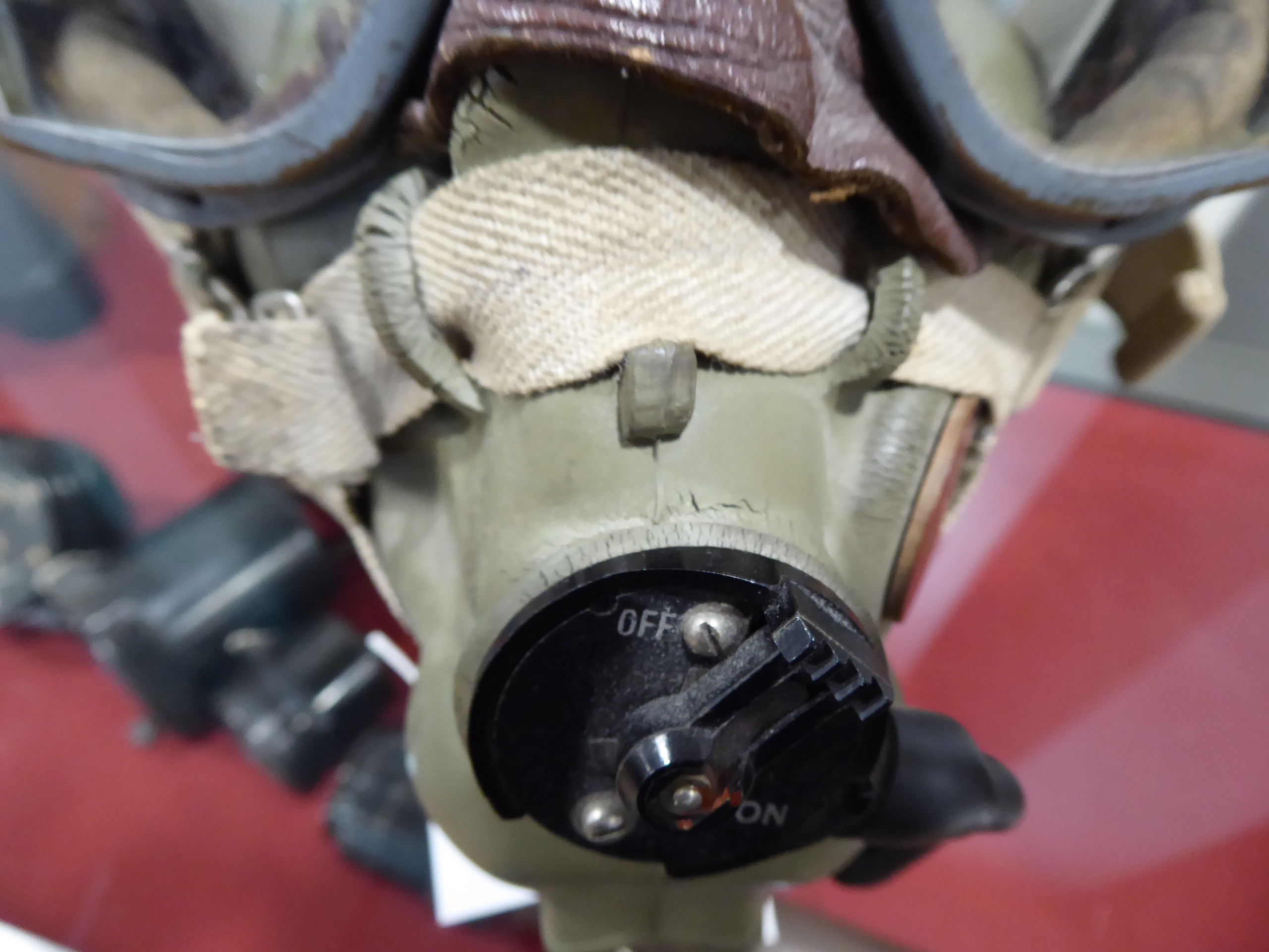 WWII RAF Pilots Type C leather flying helmet with headphones, mask, goggles and comms lead connector - Image 5 of 16