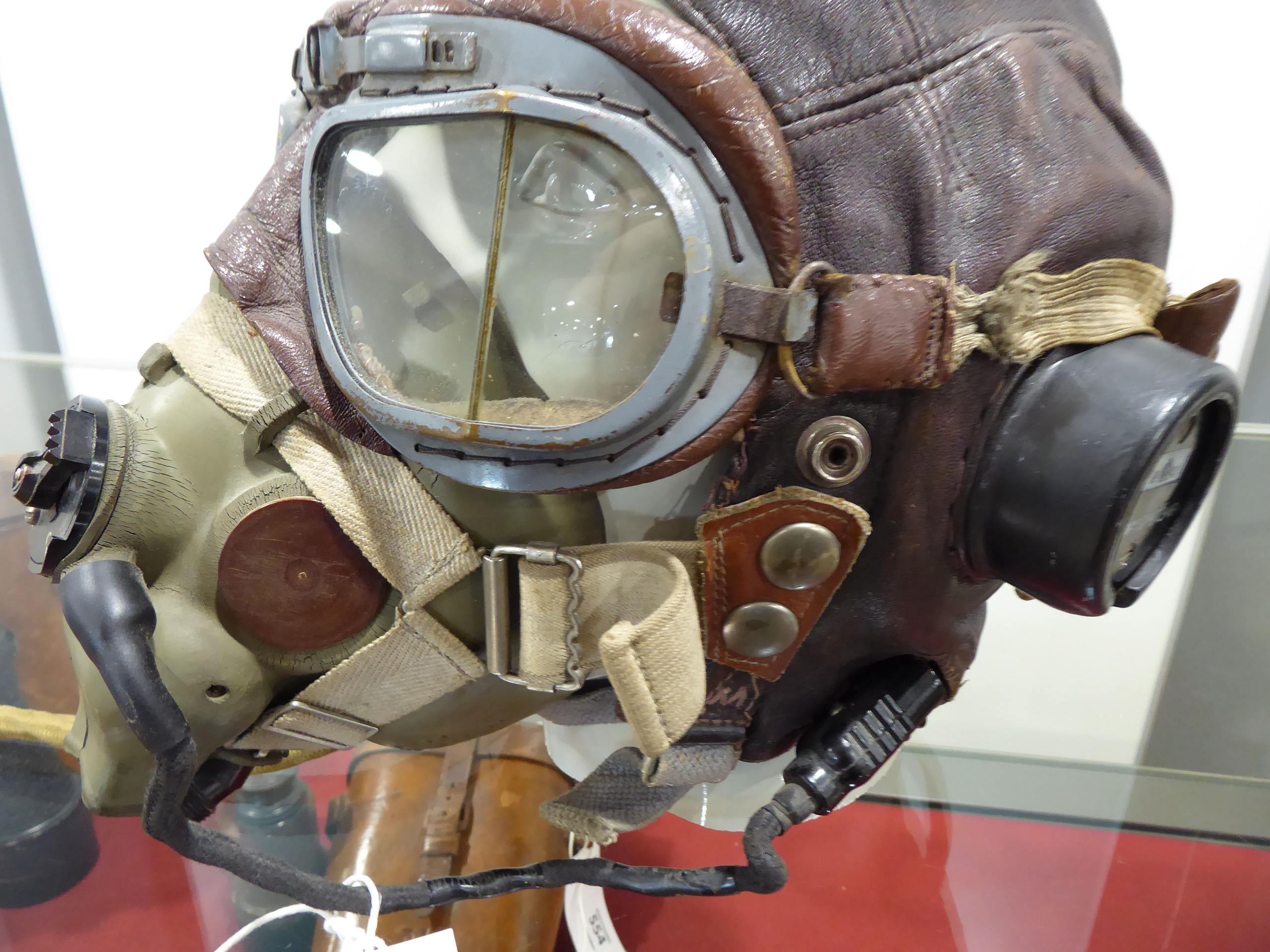 WWII RAF Pilots Type C leather flying helmet with headphones, mask, goggles and comms lead connector - Image 12 of 16