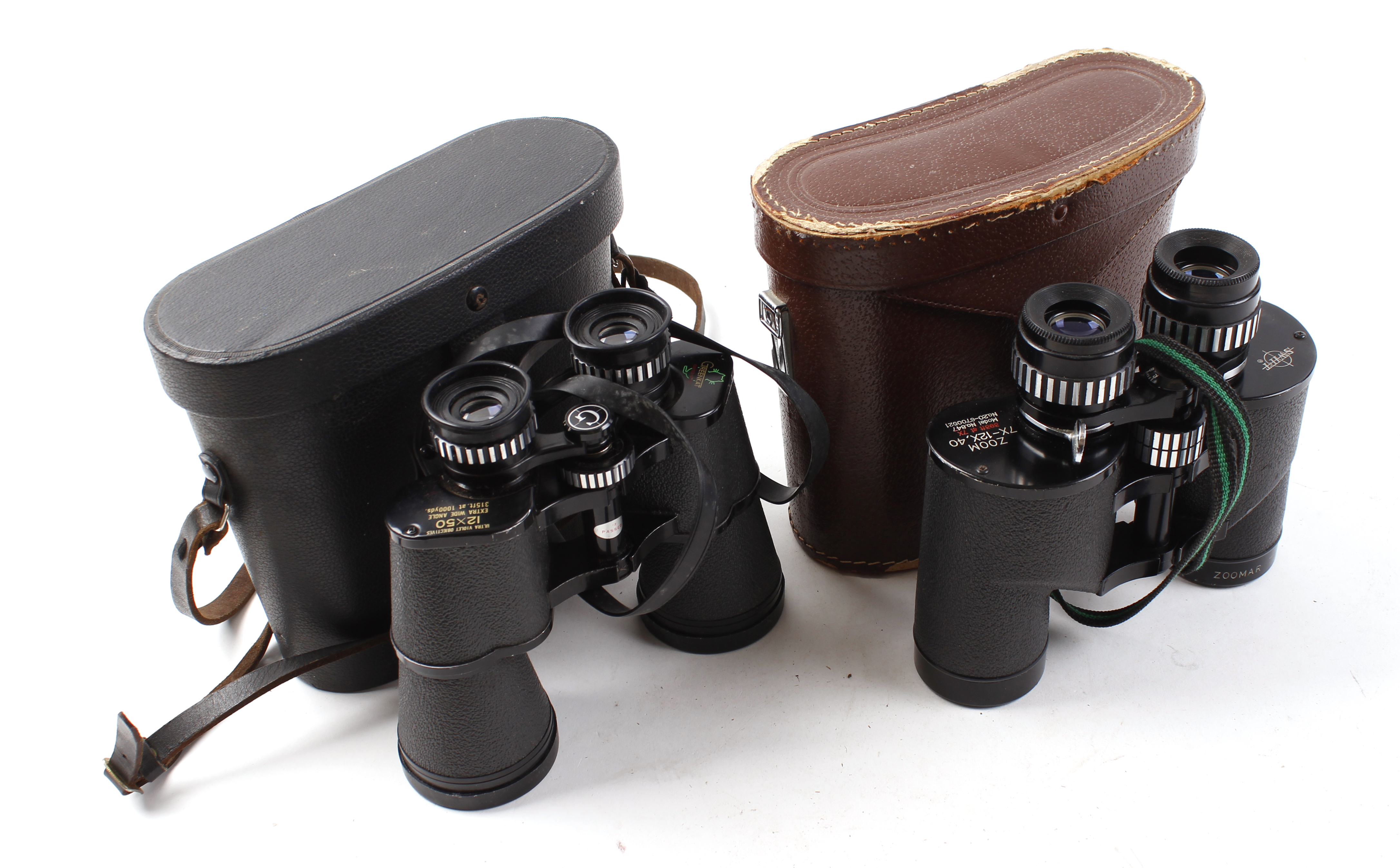 7-12 x 40 Swift Model 847 binoculars, cased; 12 x 50 Greenkat binoculars, cased (2)