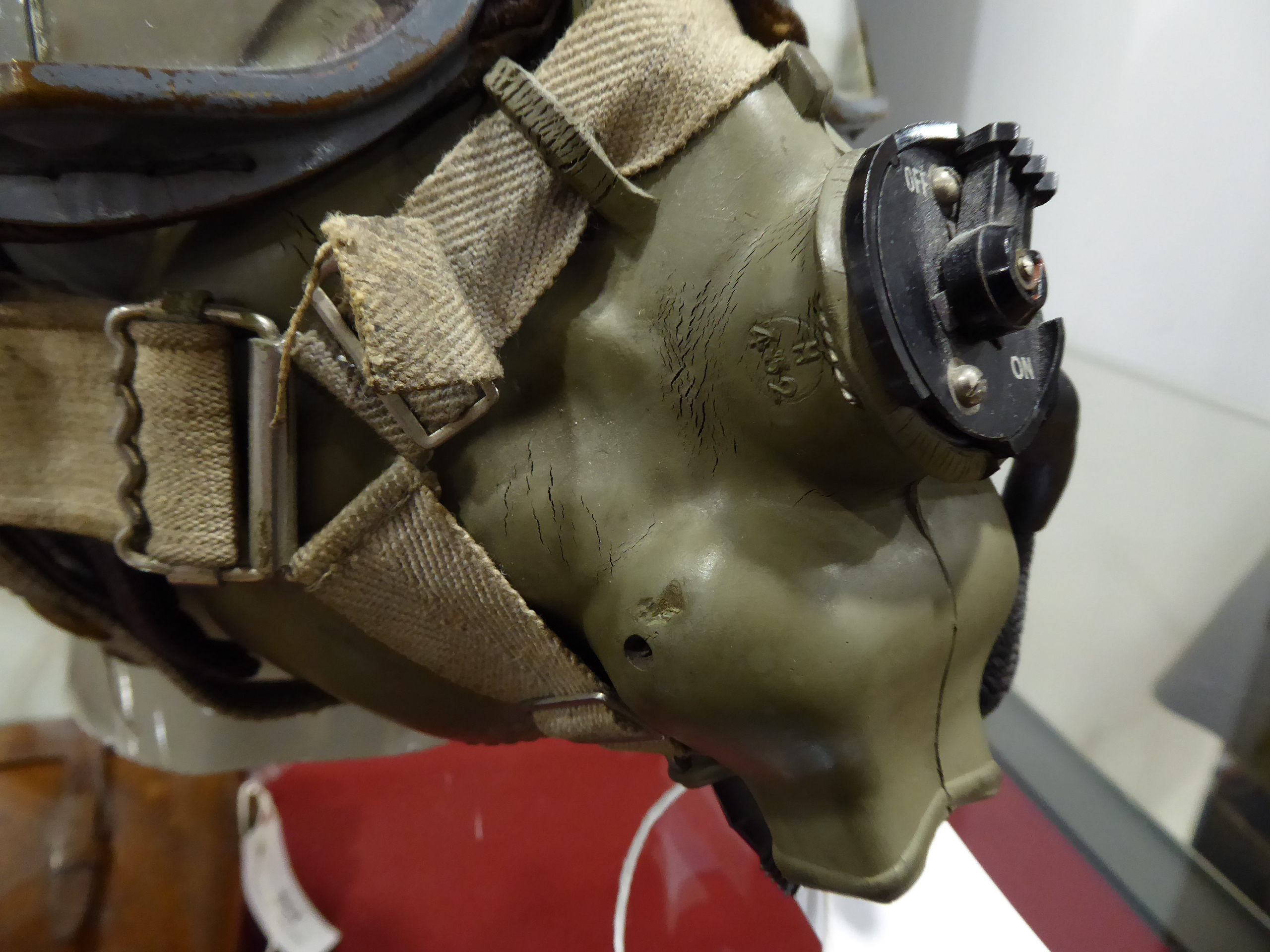 WWII RAF Pilots Type C leather flying helmet with headphones, mask, goggles and comms lead connector - Image 13 of 16