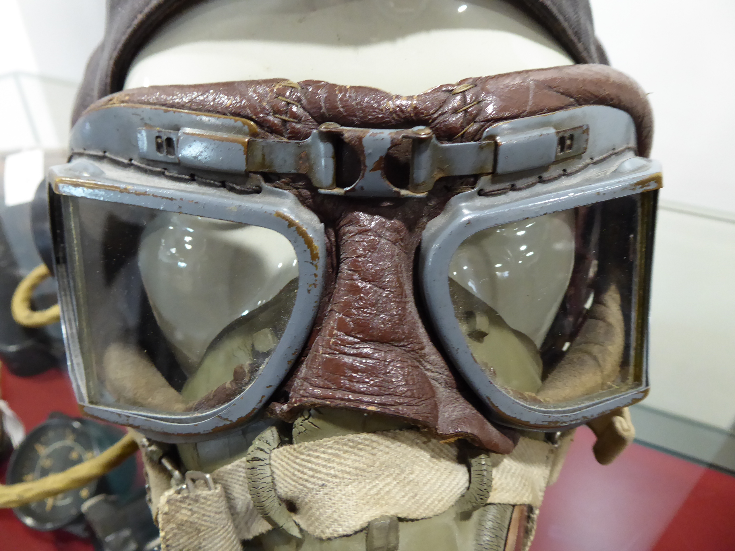 WWII RAF Pilots Type C leather flying helmet with headphones, mask, goggles and comms lead connector - Image 15 of 16