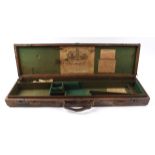 Oak and leather gun case for restoration, green baize lined fitted interior for 30 ins barrels,