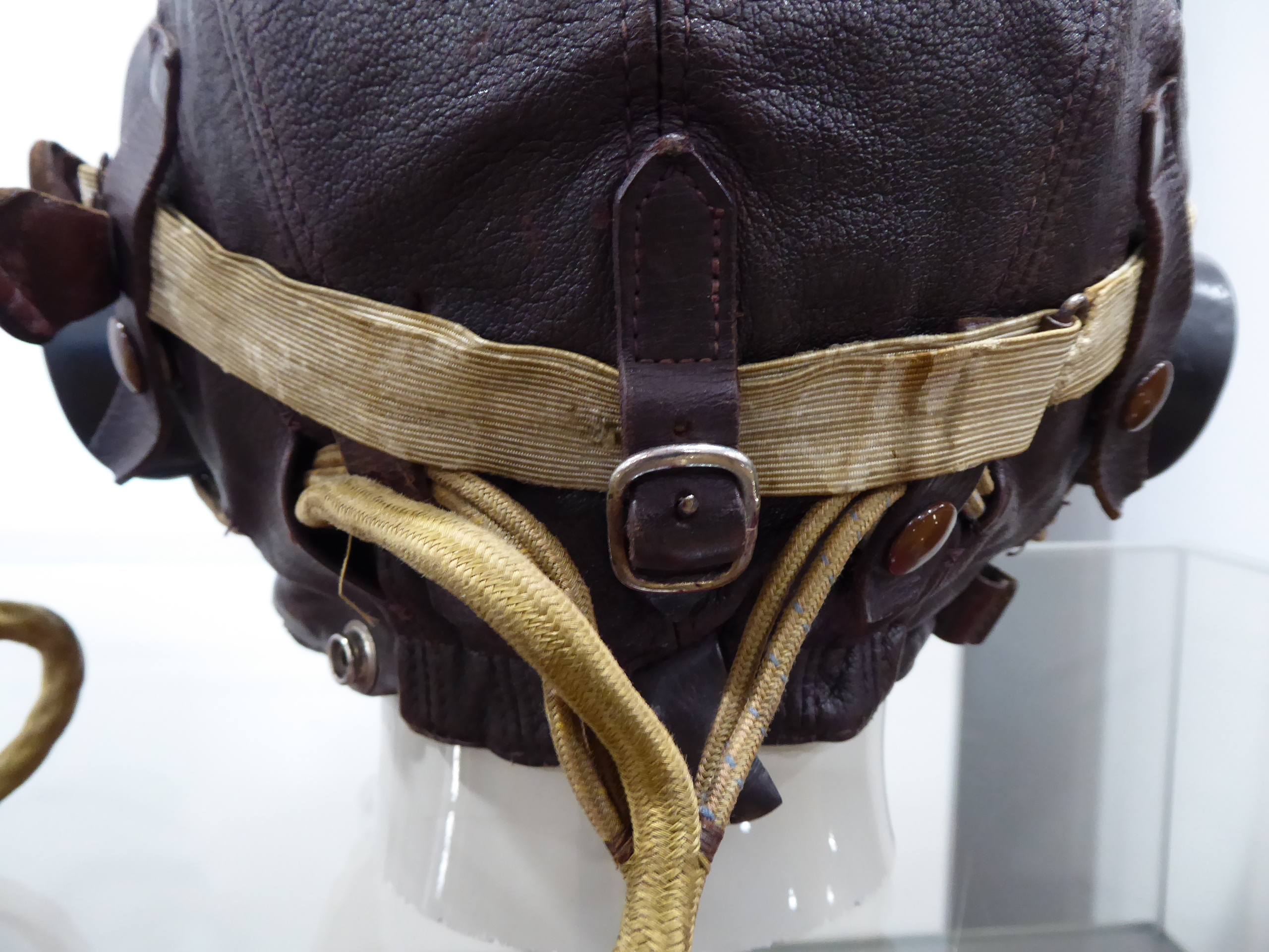 WWII RAF Pilots Type C leather flying helmet with headphones, mask, goggles and comms lead connector - Image 14 of 16