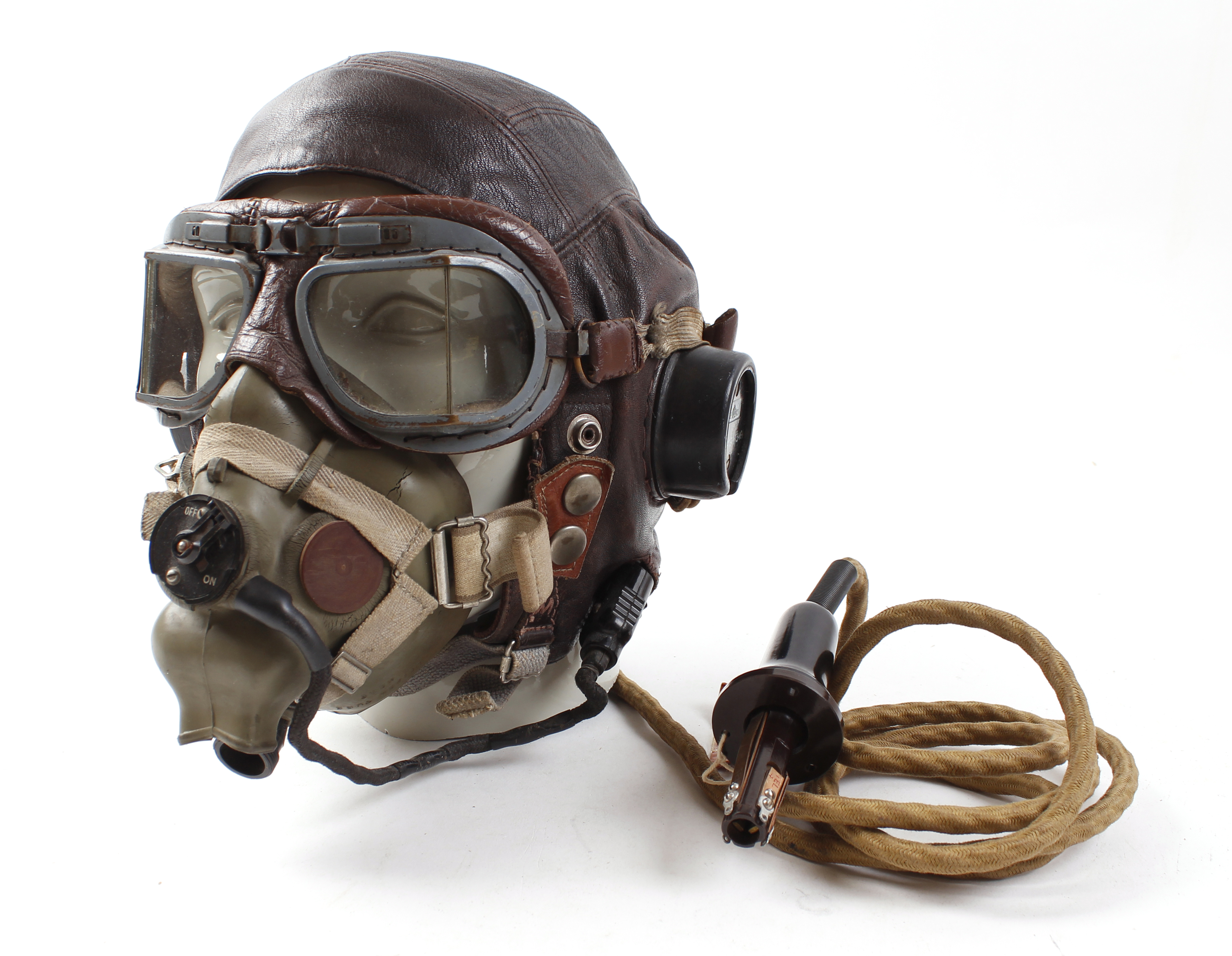 WWII RAF Pilots Type C leather flying helmet with headphones, mask, goggles and comms lead connector