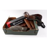 Box of miscellaneous shooting items to include: Nikko Stirling scope; pigeon decoys; shotgun stocks;